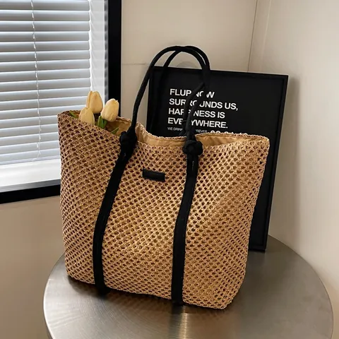 Handwoven Straw Tote Bag Hollow Mesh Large Capacity Summer Beach Vacation Handbag With Black Rope Handles