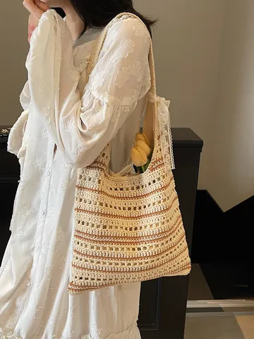 Damen Gestreifte Baumwolle Häkeln Hohl Umhängetasche Mit Spitzenschleife Sommer Strand Urlaub Strick Tote Tasche Handtasche