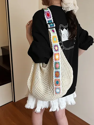 Women Bohemian Crochet Hollow Out Tote Bag With Colorful Granny Square Shoulder Strap Large Capacity Knit Beach Bag