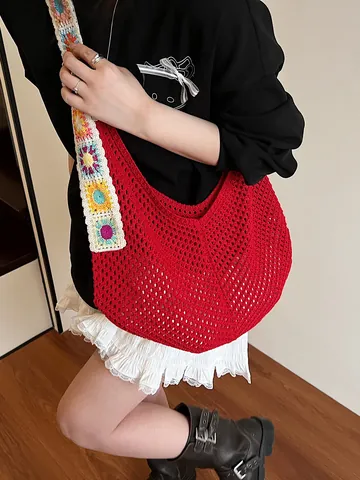 Women Bohemian Crochet Hollow Out Tote Bag With Colorful Granny Square Shoulder Strap Large Capacity Knit Beach Bag