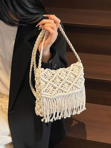 Boheemse Handgemaakte Macramé Kwastje Crossbodytas Voor Vrouwen Katoen Geweven Schoudertas Zomer Strand Vakantie Etnische Stijl