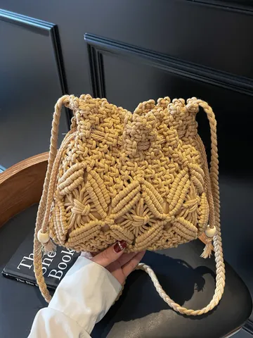 Secchiello Vintage Intrecciato a Mano in Corda di Cotone per Donna Borsa a Tracolla all'Uncinetto per Vacanze al Mare Con Coulisse e Nappine