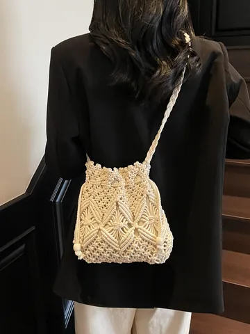 Secchiello Vintage Intrecciato a Mano in Corda di Cotone per Donna Borsa a Tracolla all'Uncinetto per Vacanze al Mare Con Coulisse e Nappine