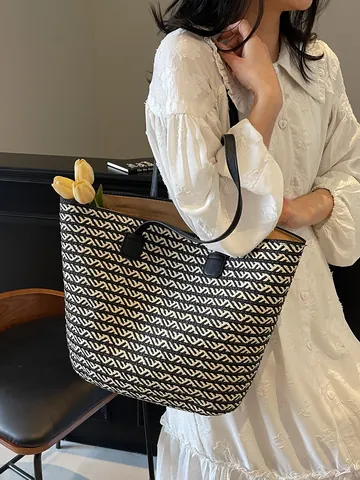 Borsa Tote Intrecciata di Grande Capacità Casual Francese Borsa a Tracolla in Paglia da Spiaggia Borsa a Mano per Vacanze Estate Donna