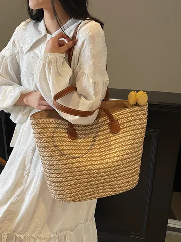 Borsa Tote Intrecciata di Grande Capacità Casual Francese Borsa a Tracolla in Paglia da Spiaggia Borsa a Mano per Vacanze Estate Donna