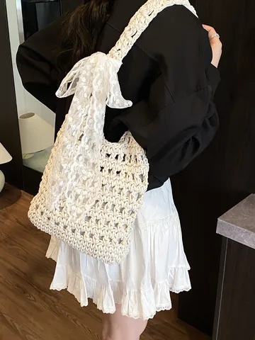 Women Handmade Crochet Hollow Woven Shoulder Bag Sweet Lace Bow Beach Vacation Tote Handbag With Drawstring Inner Pocket