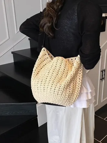 Dames Minimalistische Opengewerkte Gehaakte Schoudertas Grote Capaciteit Geweven Tote Bag Lazy Style Casual Strand Vakantie Tas