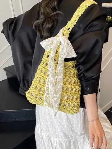 Women Handmade Crochet Hollow Woven Shoulder Bag Sweet Lace Bow Beach Vacation Tote Handbag With Drawstring Inner Pocket