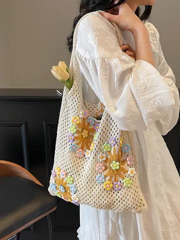 Women Crochet Knit Tote Bag With 3D Colorful Floral Hollow Out Mesh Shoulder Bag For Beach Vacation Handbag Handcrafted Mori Style