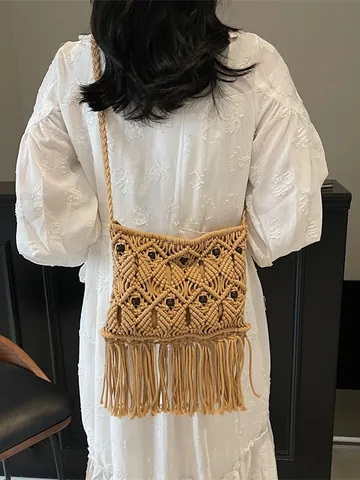 Bohemian Hand Woven Macrame Shoulder Bag Women Vintage Cotton Linen Tassel Crossbody Bag Wood Beads Vacation Beach Purse