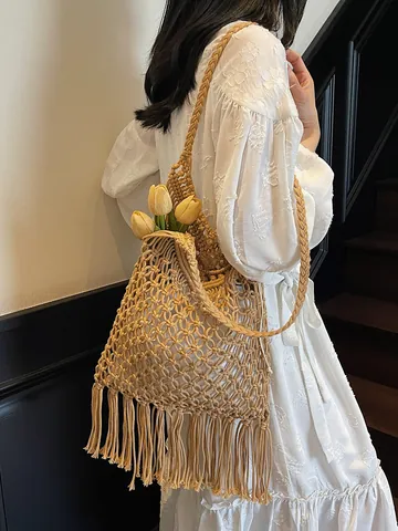 Dames Bohemian Handgemaakte Katoenen Geweven Kwastje Schoudertas Opengewerkt Haken Strand Vakantie Tote Bag Beige Khaki