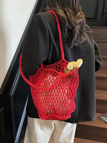 Handmade Crochet Woven Tote Bag Cotton Linen Mesh Hollow Out Large Capacity Beach Vacation Shoulder Bag With Inner Bag