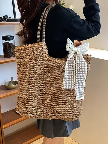 Damen Große Kapazität Papierstroh Web-Tragetasche Mit Spitzenschleife Gestreifter Griff Sommer Strand Lässig Schultertasche