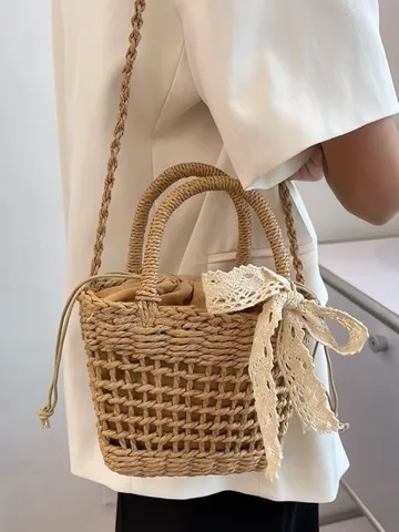 Bolso de Mano de Paja Tejida para Mujer Con Lazo de Encaje Bolso de Hombro para Playa Verano Con Bolsa Interior de Cordón