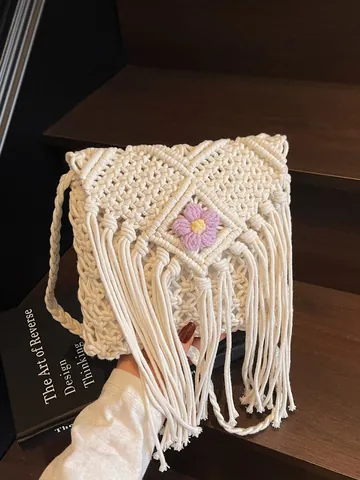 Dames Handgeweven Macrame Crossbodytas Kwistje Franje Bloem Vakantie Strand Schoudertas Katoenen Touw Gebreide Tas