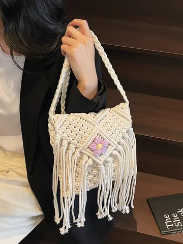 Dames Handgeweven Macrame Crossbodytas Kwistje Franje Bloem Vakantie Strand Schoudertas Katoenen Touw Gebreide Tas