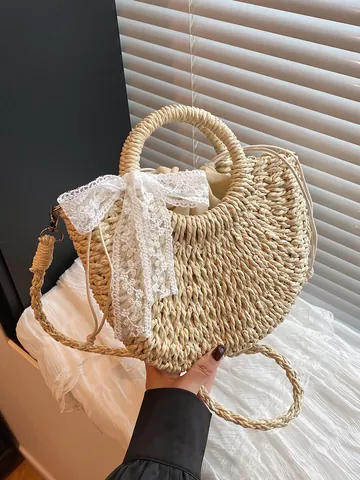 Borsa a Mano da Donna in Paglia Intrecciata Con Fiocco in Pizzo Estate Spiaggia Vacanza Borsa a Tracolla Stile Pastorale