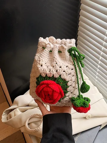 Sac Seau à Cordon avec Fleur de Rose au Crochet pour Femmes Vintage Tissé en Coton Sac Bandoulière pour Téléphone Portable Petit Sac d'Épaule