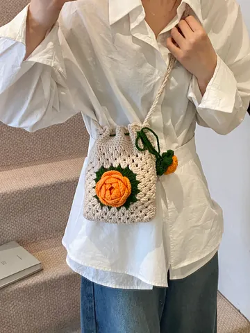 Sac Seau à Cordon avec Fleur de Rose au Crochet pour Femmes Vintage Tissé en Coton Sac Bandoulière pour Téléphone Portable Petit Sac d'Épaule