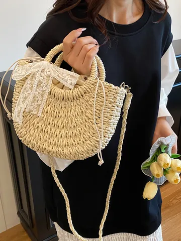 Borsa a Mano da Donna in Paglia Intrecciata Con Fiocco in Pizzo Estate Spiaggia Vacanza Borsa a Tracolla Stile Pastorale