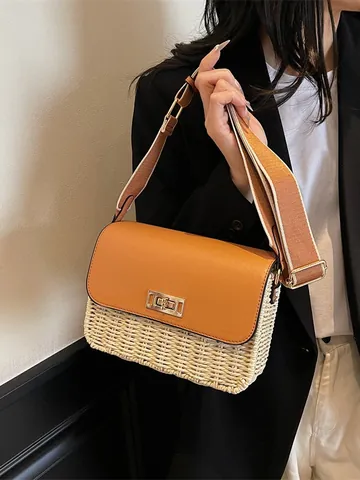 Vintage Straw Woven Patchwork PU Leather Crossbody Bag Small Square Beach Holiday Handbag With Metal Lock For Women