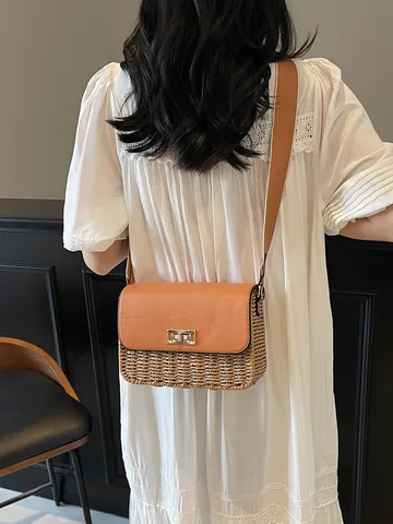 Vintage Straw Woven Patchwork PU Leather Crossbody Bag Small Square Beach Holiday Handbag With Metal Lock For Women