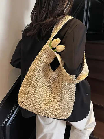 Damen Stroh Gewebte Tragetasche Mit Großer Kapazität Handgefertigte Häkel Schultertasche Für Sommer Strand Urlaub Lässige Hobo Tasche