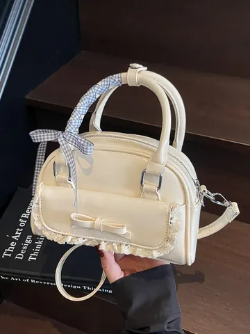 Women Korean Fashion Bow Bowling Bag Sweet Lace Trim PU Leather Handbag With Plaid Ribbon Handle Crossbody Small Square Bag