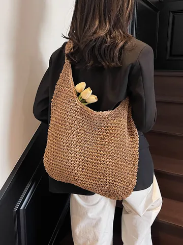 Damen Stroh Gewebte Tragetasche Mit Großer Kapazität Handgefertigte Häkel Schultertasche Für Sommer Strand Urlaub Lässige Hobo Tasche