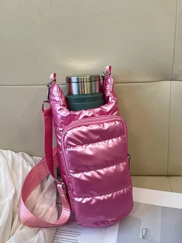 Borsa Portaborraccia Puffer Trapuntata Metallizzata da Donna Tasca Frontale con Cerniera Tracolla Regolabile Borsa a Tracolla
