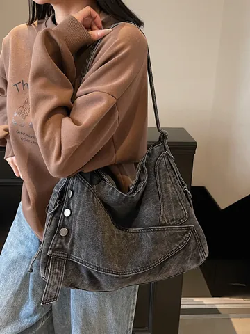 Dames Grote Capaciteit Denim Tote Bag Vintage Gewassen Schoudertas Casual Gespleten Crossbody Tas Met Metalen Gespen Handtas