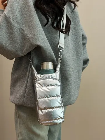 Borsa Portaborraccia Puffer Trapuntata Metallizzata da Donna Tasca Frontale con Cerniera Tracolla Regolabile Borsa a Tracolla