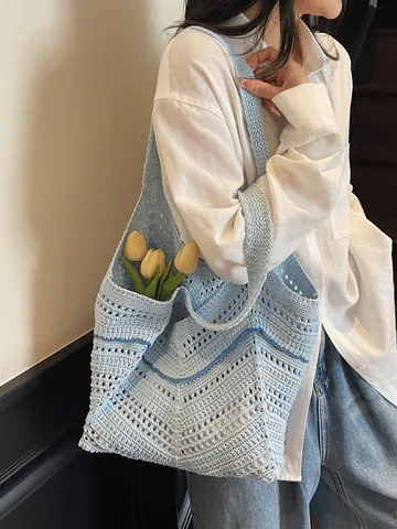 Sac Fourre-tout en Tricot de Grande Capacité pour Femmes 2025 Nouveau Style Coréen Sac à Bandoulière Plage Vacances