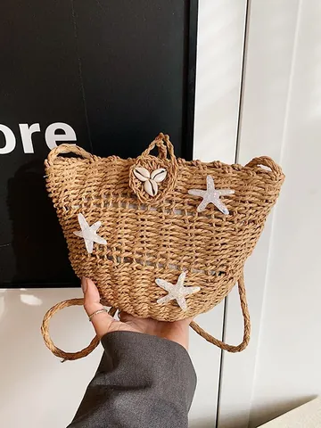 Borsa a Tracolla in Paglia Intrecciata a Mano per Donna Con Stelle Marine e Conchiglie Secchiello Estivo Bohemien