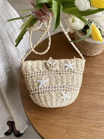 Borsa a Tracolla in Paglia Intrecciata a Mano per Donna Con Stelle Marine e Conchiglie Secchiello Estivo Bohemien