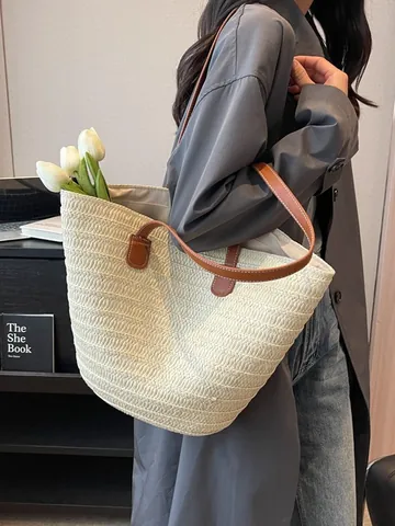 Borsa Tote in Paglia Intrecciata di Grande Capacità per Donna Vacanza Estiva in Spiaggia Borsa a Tracolla Casual Con Manico in Ecopelle Chiusura a Cerniera