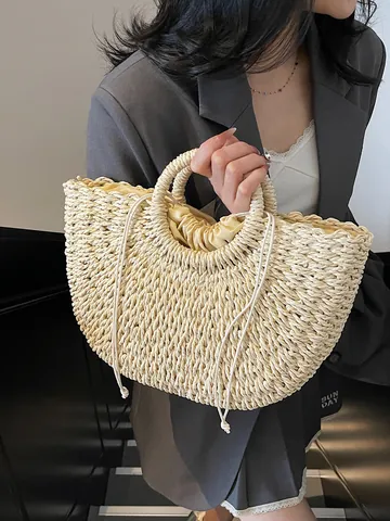Damen Sommer Stroh Gewebte Handtasche Große Kapazität Urlaub Strand Reisetasche Mit Rundem Griff Und Kordelzugfutter