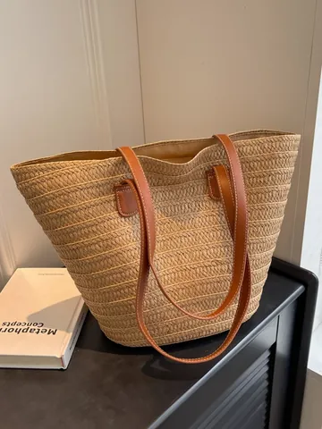 Borsa Tote in Paglia Intrecciata di Grande Capacità per Donna Vacanza Estiva in Spiaggia Borsa a Tracolla Casual Con Manico in Ecopelle Chiusura a Cerniera
