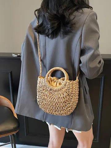Damen Sommer Stroh Gewebte Handtasche Große Kapazität Urlaub Strand Reisetasche Mit Rundem Griff Und Kordelzugfutter
