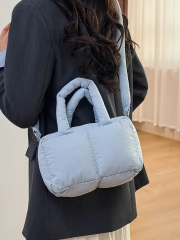 Women Quilted Puffer Handbag Lightweight Nylon Crossbody Bag Solid Color Soft Padded Shoulder Bag Versatile Casual Tote Bag