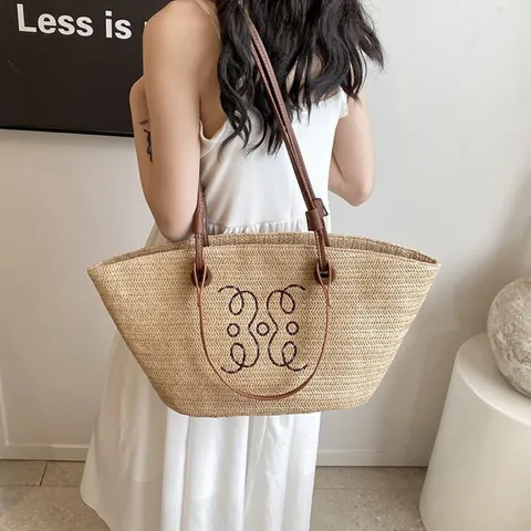 Bolso Tote Grande de Paja Tejida Mujer Verano Playa Bolso de Hombro Con Asa de Piel Sintética Bordado Casual Bolso de Viaje