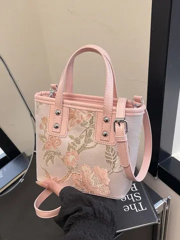 New Chinese Style Women Embroidery Floral Handbag PU Leather Crossbody Bucket Bag With Rivets Small Shoulder Tote Bag