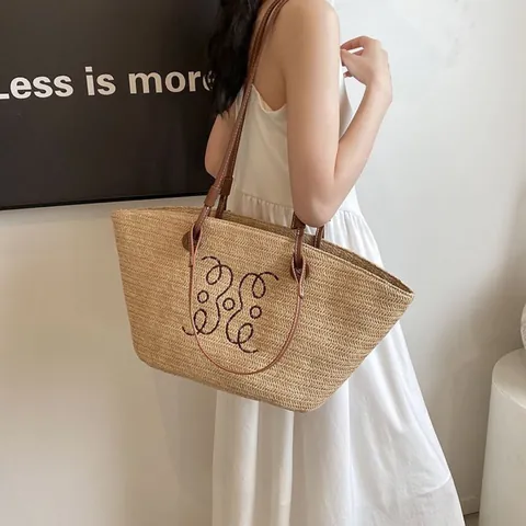 Bolso Tote Grande de Paja Tejida Mujer Verano Playa Bolso de Hombro Con Asa de Piel Sintética Bordado Casual Bolso de Viaje