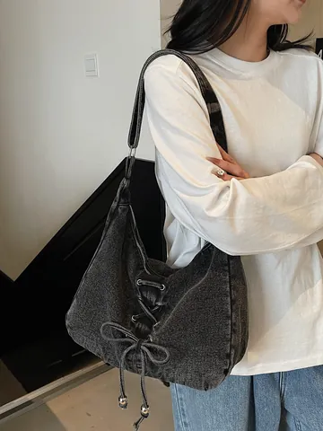 Damen Vintage Gewaschene Denim Hobo Tasche Mit Schnürschleife Große Kapazität Umhängetasche Für Freizeit Reisen Alltag