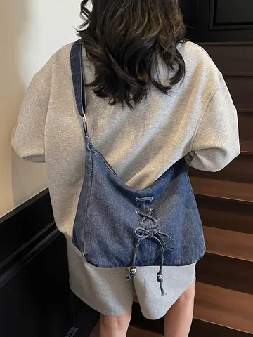 Damen Vintage Gewaschene Denim Hobo Tasche Mit Schnürschleife Große Kapazität Umhängetasche Für Freizeit Reisen Alltag