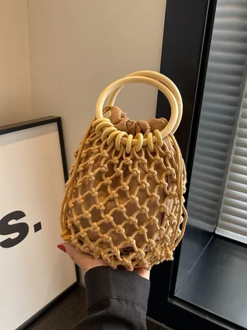 Women's Woven Cotton Rope Handbag Round Wood Handle Hollow Net Drawstring Bucket Bag Bohemian Beach Tote Vacation Clutch