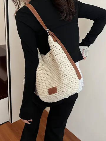 Dames Handgeweven Gehaakte Opengewerkte Schoudertas Zomer Strand Vakantie Grote Capaciteit Hobo Tas Gebreide Katoen Linnen Tote Bag