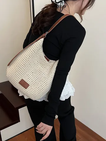 Dames Handgeweven Gehaakte Opengewerkte Schoudertas Zomer Strand Vakantie Grote Capaciteit Hobo Tas Gebreide Katoen Linnen Tote Bag
