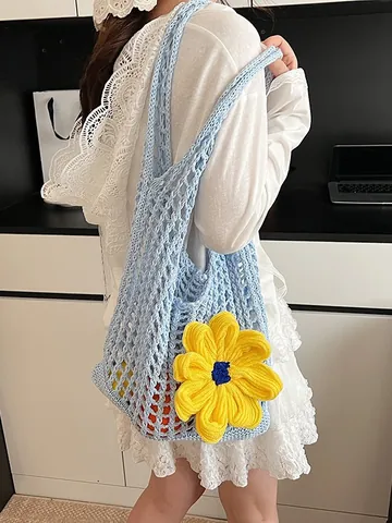 Women Crochet Mesh Tote Bag Large Sunflower Hollow Out Woven Shoulder Bag Summer Beach Vacation Handmade Cotton Linen Net Bag