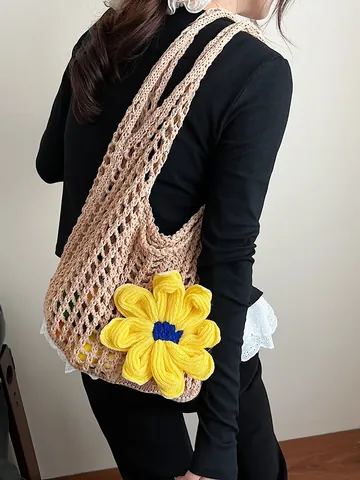 Women Crochet Mesh Tote Bag Large Sunflower Hollow Out Woven Shoulder Bag Summer Beach Vacation Handmade Cotton Linen Net Bag